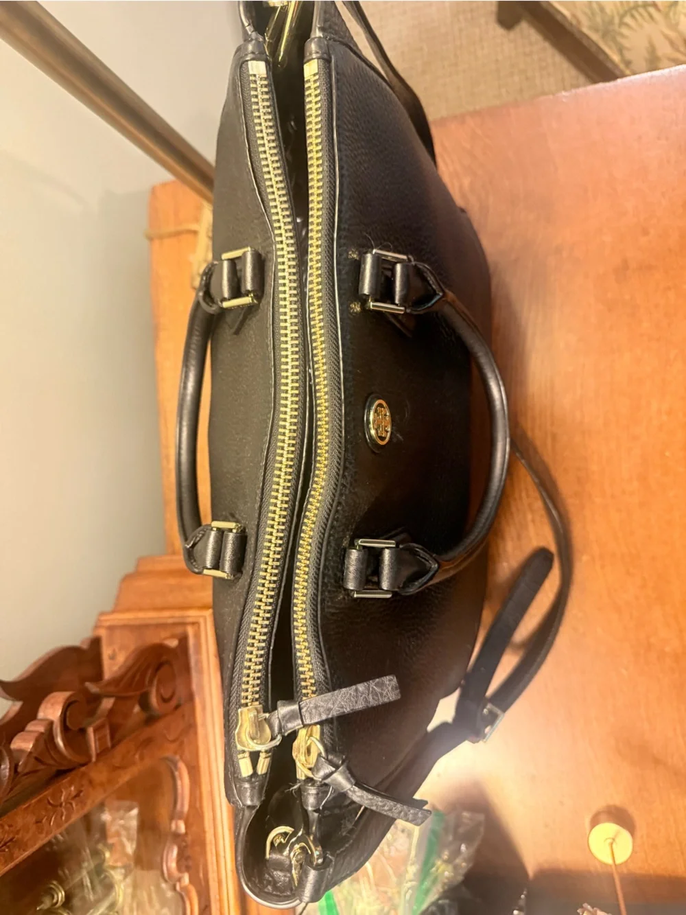 Tory Burch Robinson Double Zip Black Pebbled Leather Satchel Gold Hardware $575
